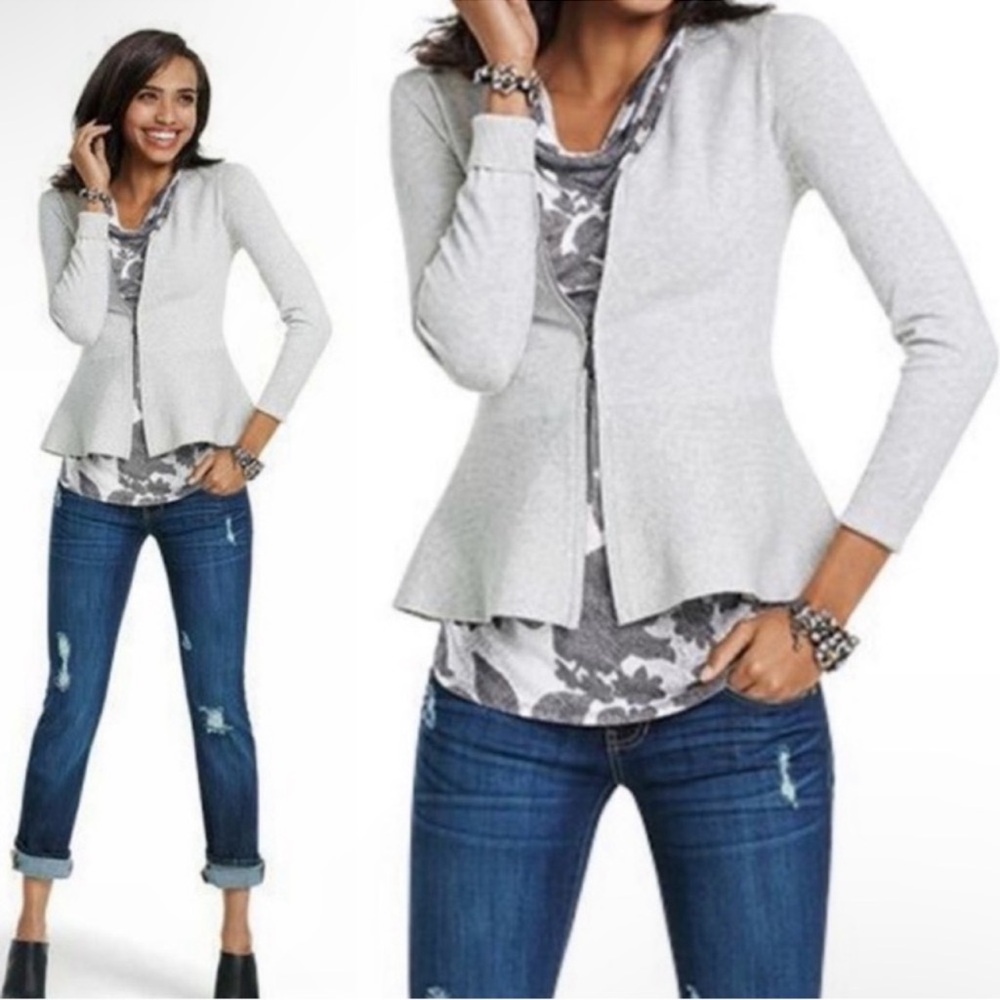 Cabi Willow Peplum Grey Zip Up Sweater